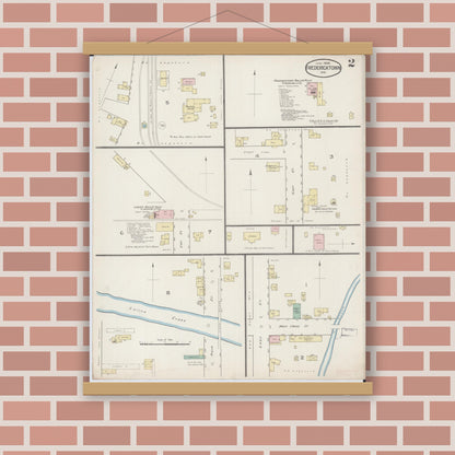 Old map wall art mockup — magnetic wood frame on brick wall — Sanborn Fire Insurance Map from Fredericktown, Madison County, Missouri (1886), Sheet #0002
