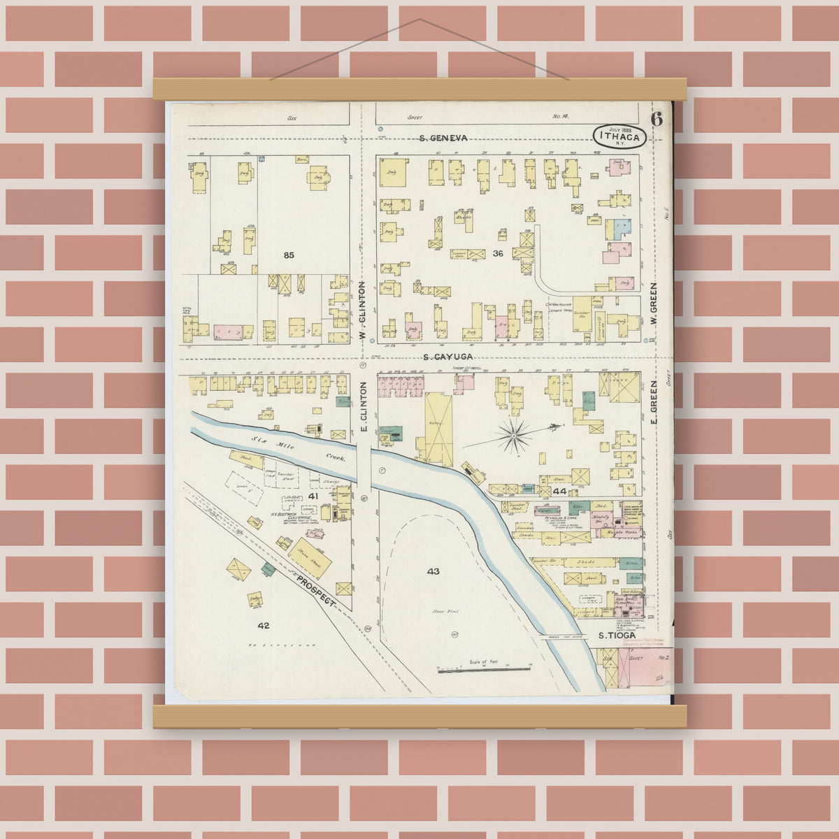 Old map wall art mockup — magnetic wood frame on brick wall — Sanborn Fire Insurance Map from Ithaca, Tompkins County, New York (1888), Sheet #0006