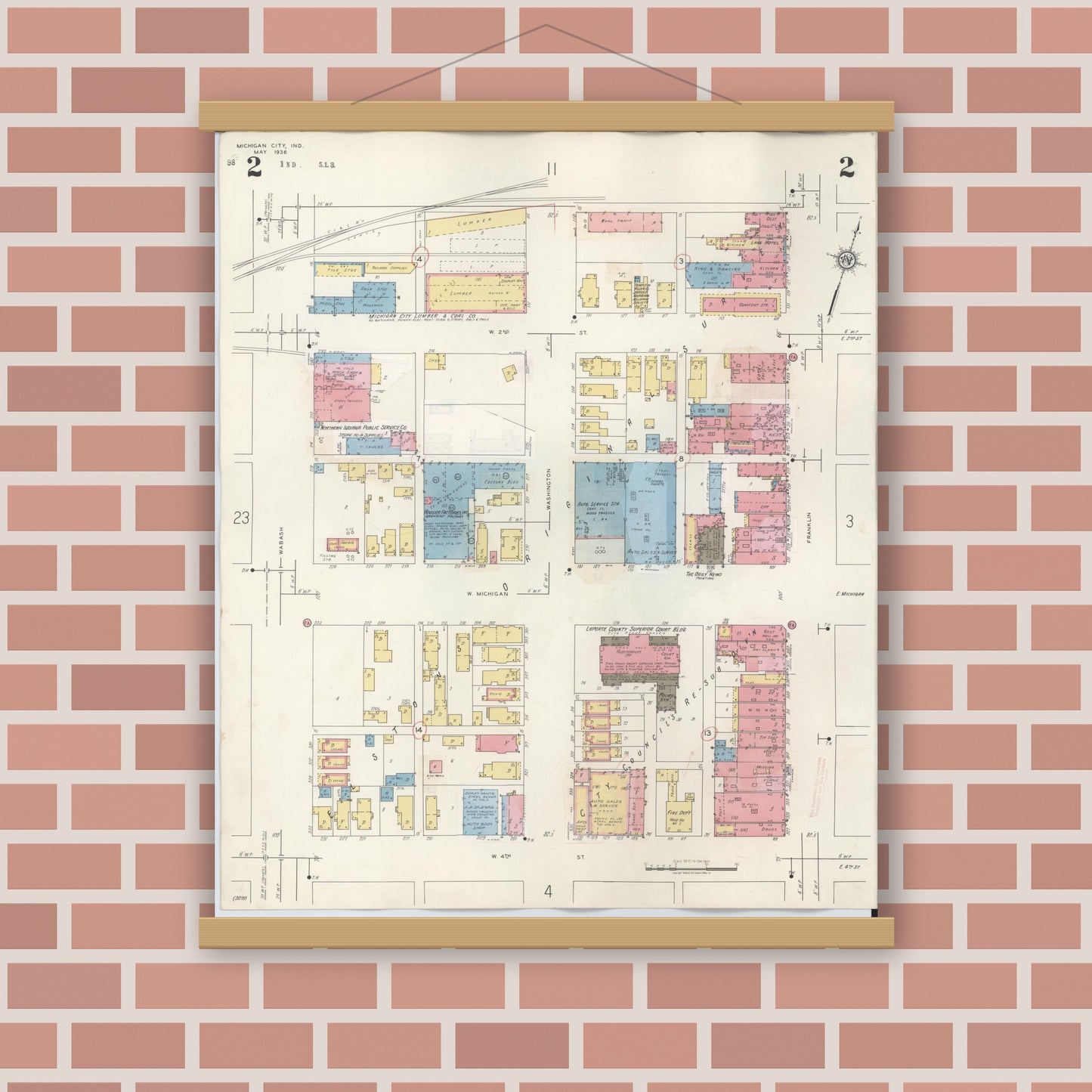 Old map wall art mockup — magnetic wood frame on brick wall — Sanborn Fire Insurance Map from Michigan City, La Porte County, Indiana (1948), Sheet #0002