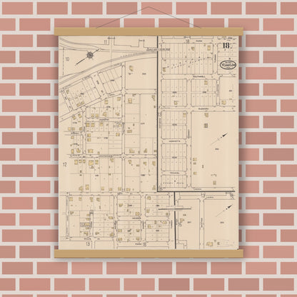 Old map wall art mockup — magnetic wood frame on brick wall — Sanborn Fire Insurance Map from Yoakum, De Witt And Lavaca Counties, Texas (1922), Sheet #0018
