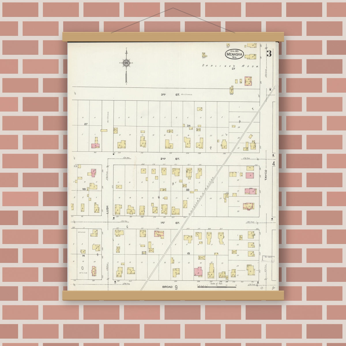 Old map wall art mockup — magnetic wood frame on brick wall — Sanborn Fire Insurance Map from Menasha, Winnebago County, Wisconsin (1913), Sheet #0003