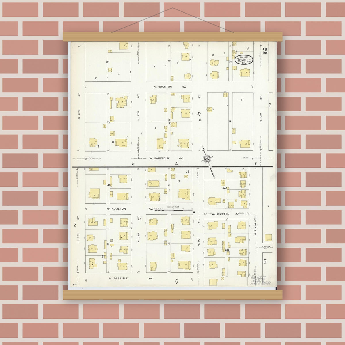 Old map wall art mockup — magnetic wood frame on brick wall — Sanborn Fire Insurance Map from Temple, Bell County, Texas (1915), Sheet #0002