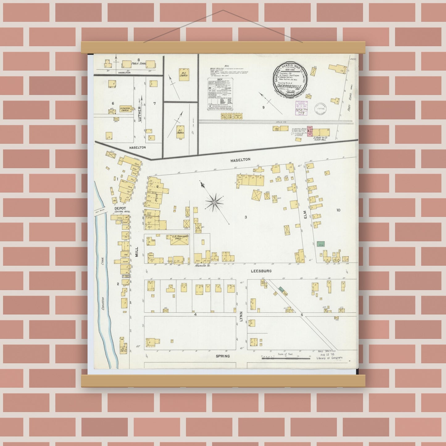 Old map wall art mockup — magnetic wood frame on brick wall — Sanborn Fire Insurance Map from Sherrodsville, Carroll County, Ohio (1901), Sheet #0001