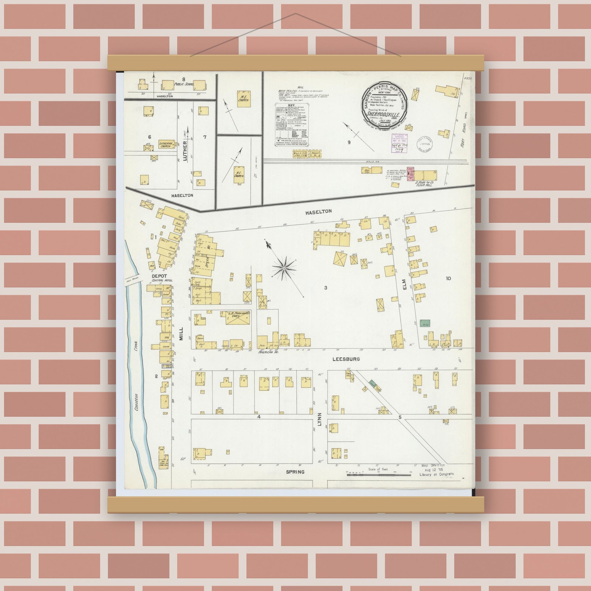 Old map wall art mockup — magnetic wood frame on brick wall — Sanborn Fire Insurance Map from Sherrodsville, Carroll County, Ohio (1901), Sheet #0001