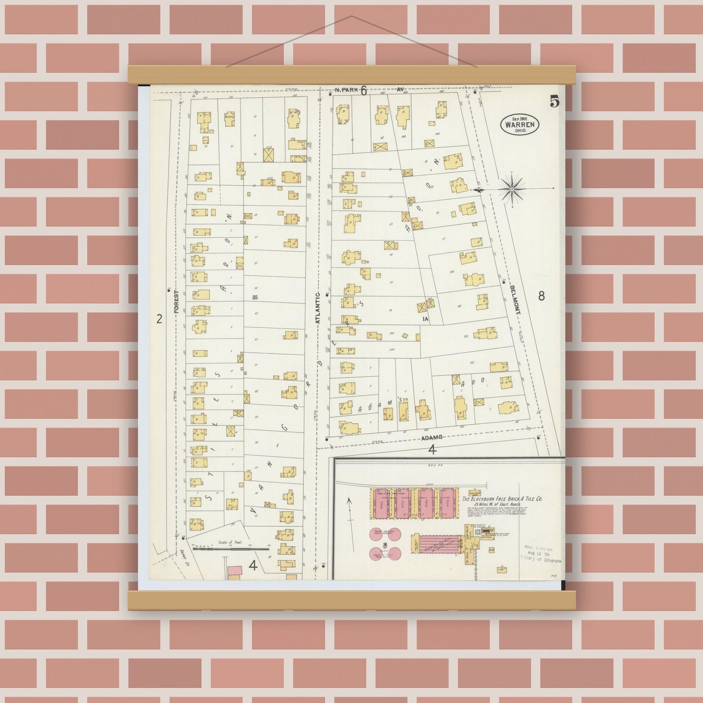 Old map wall art mockup — magnetic wood frame on brick wall — Sanborn Fire Insurance Map from Warren, Trumbull County, Ohio (1902), Sheet #0005