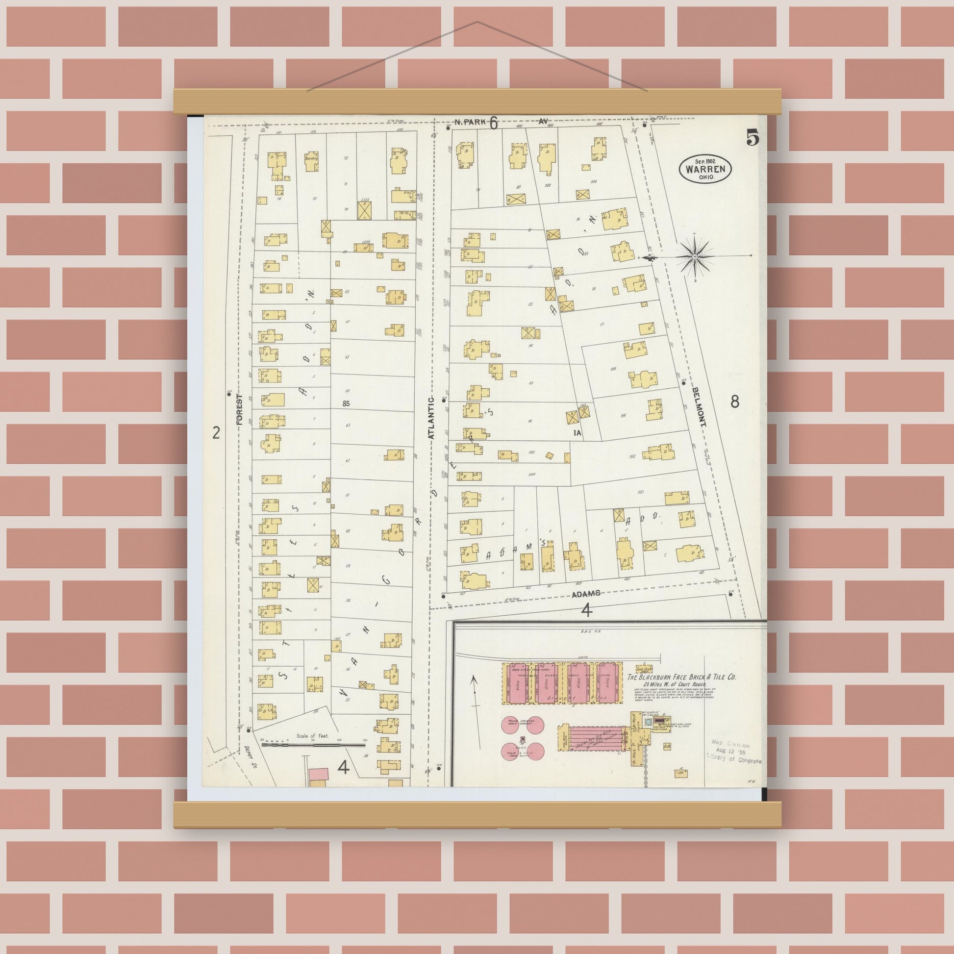 Old map wall art mockup — magnetic wood frame on brick wall — Sanborn Fire Insurance Map from Warren, Trumbull County, Ohio (1902), Sheet #0005