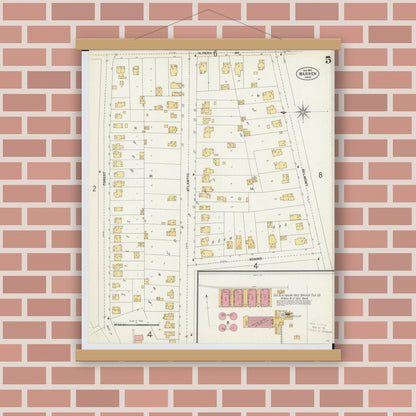 Old map wall art mockup — magnetic wood frame on brick wall — Sanborn Fire Insurance Map from Warren, Trumbull County, Ohio (1902), Sheet #0005