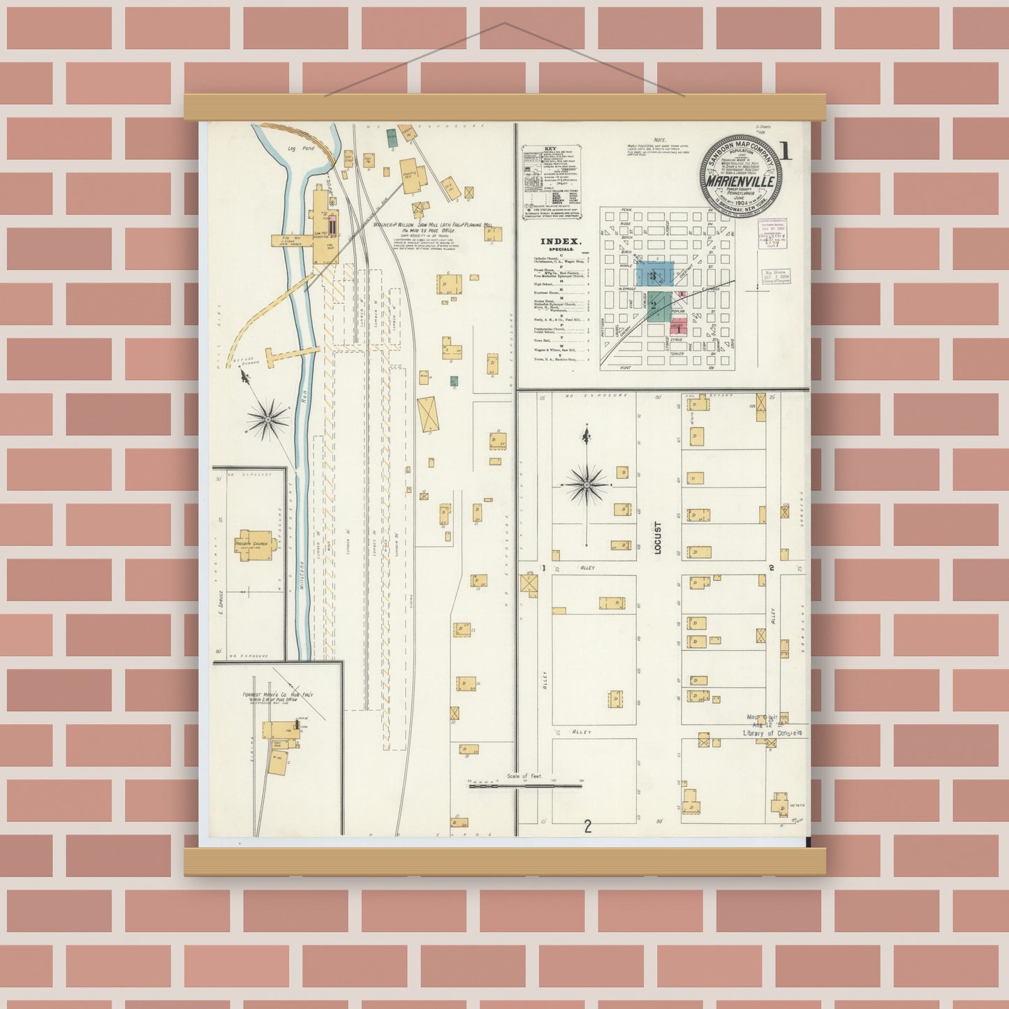 Old map wall art mockup — magnetic wood frame on brick wall — Sanborn Fire Insurance Map from Marienville, Forest County, Pennsylvania (1904) - Complete Map Set