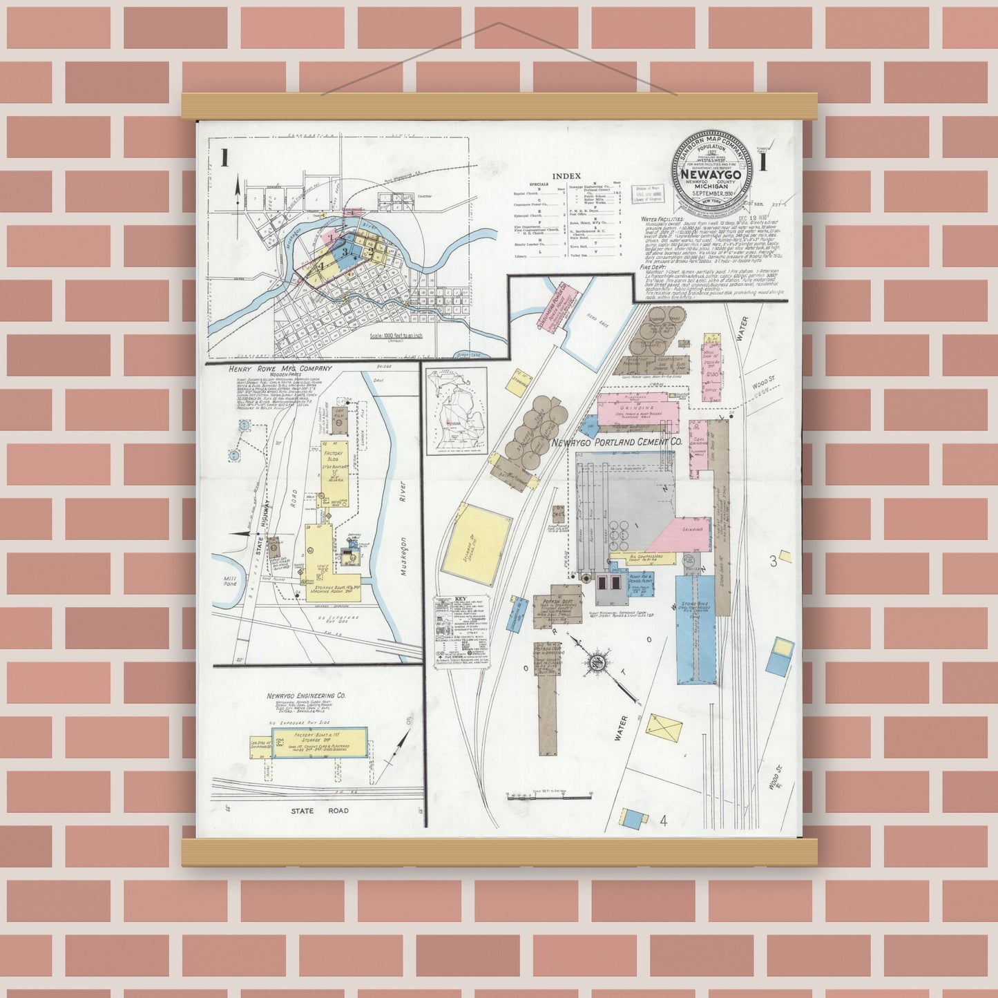 Old map wall art mockup — magnetic wood frame on brick wall — Sanborn Fire Insurance Map from Newaygo, Newaygo County, Michigan (1930) - Complete Map Set