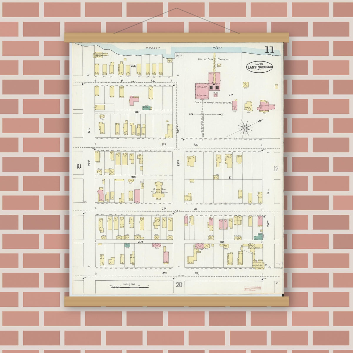 Old map wall art mockup — magnetic wood frame on brick wall — Sanborn Fire Insurance Map from Lansingburg, Rensselaer County, New York (1897), Sheet #0011