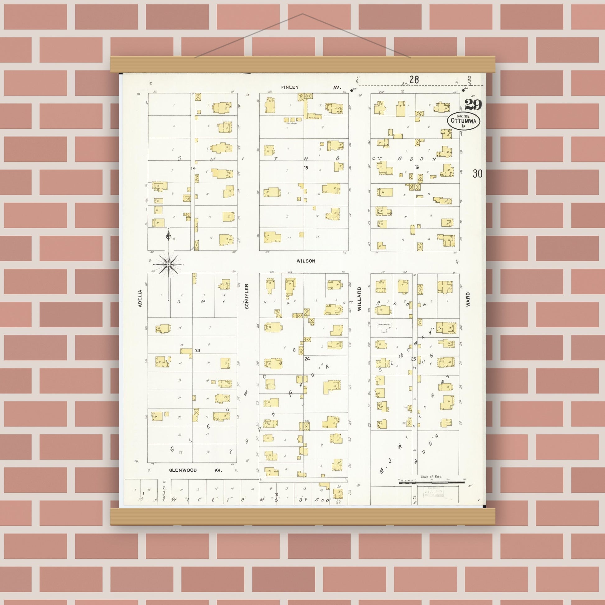 Old map wall art mockup — magnetic wood frame on brick wall — Sanborn Fire Insurance Map from Ottumwa, Wapello County, Iowa (1902), Sheet #0029