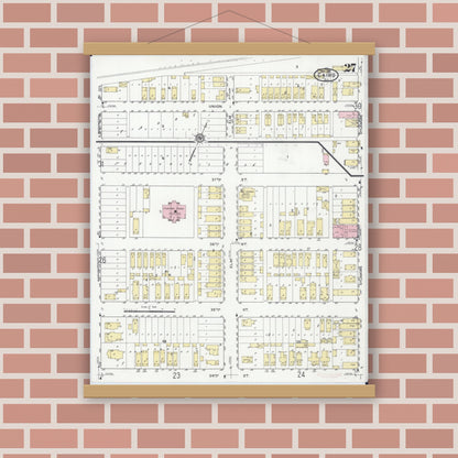 Old map wall art mockup — magnetic wood frame on brick wall — Sanborn Fire Insurance Map from Cairo, Alexander County, Illinois (1914), Sheet #0027