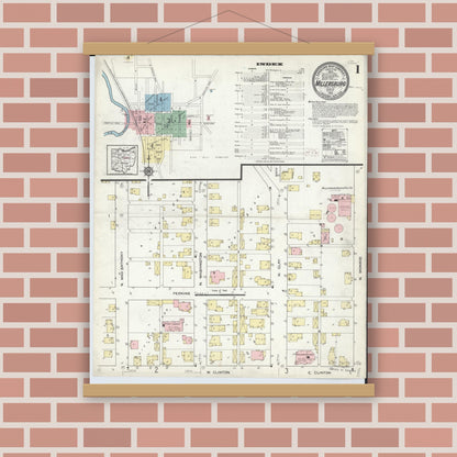 Old map wall art mockup — magnetic wood frame on brick wall — Sanborn Fire Insurance Map from Millersburg, Holmes County, Ohio (1914), Sheet #0001