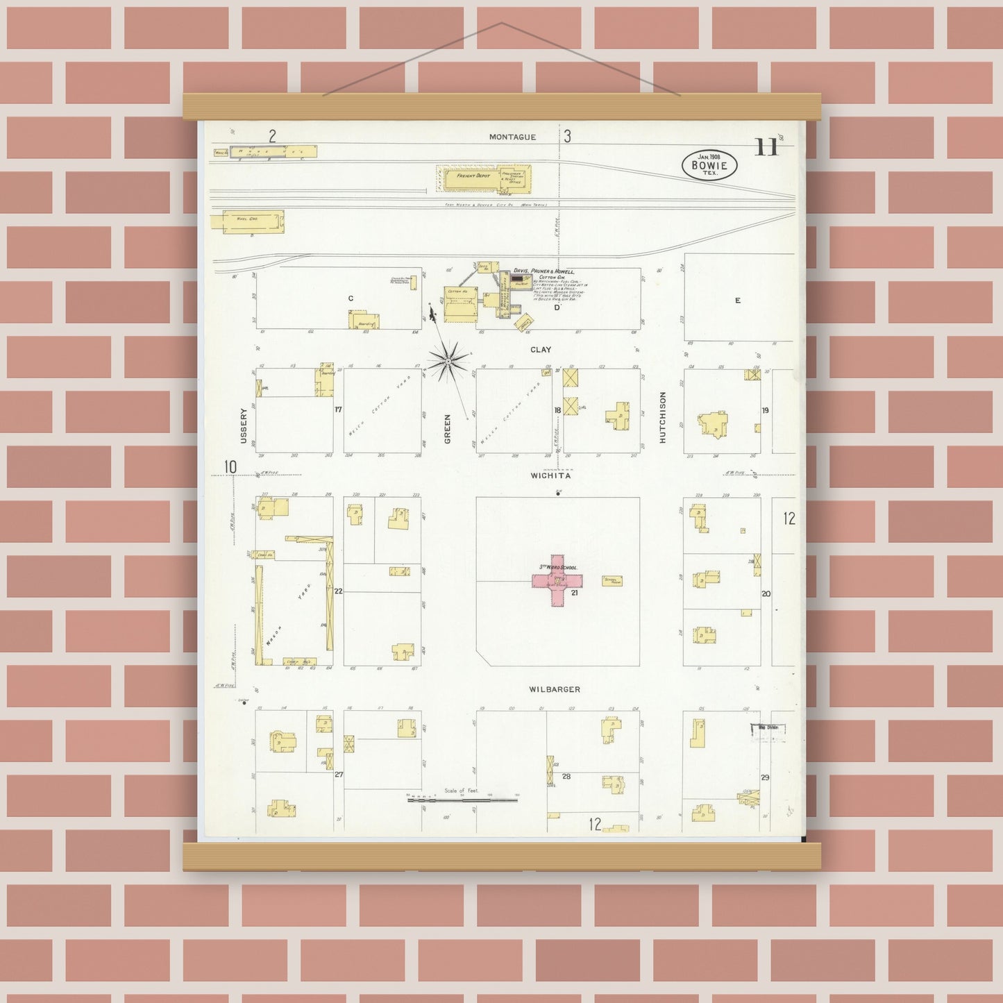 Old map wall art mockup — magnetic wood frame on brick wall — Sanborn Fire Insurance Map from Bowie, Montague County, Texas (1908), Sheet #0011
