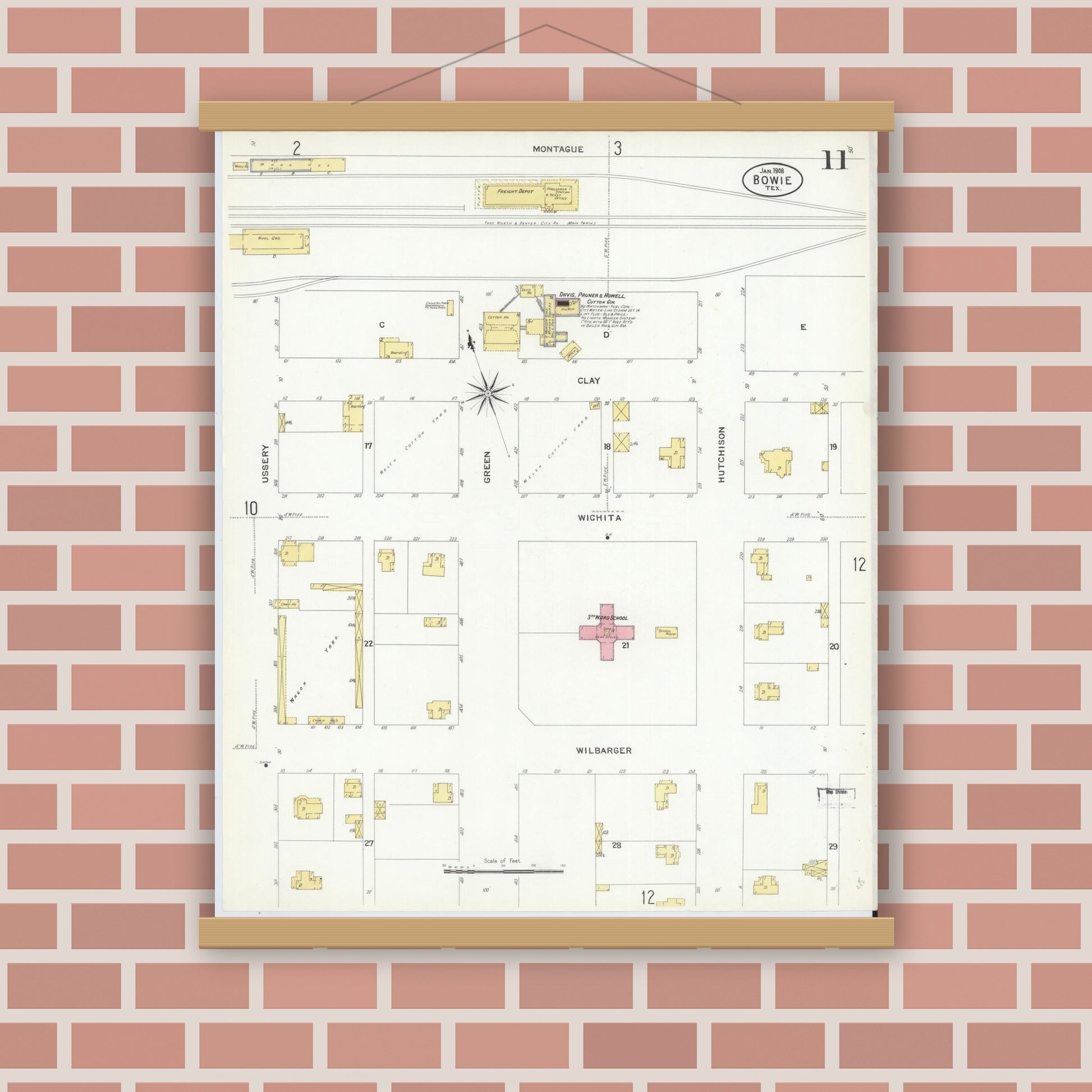 Old map wall art mockup — magnetic wood frame on brick wall — Sanborn Fire Insurance Map from Bowie, Montague County, Texas (1908), Sheet #0011