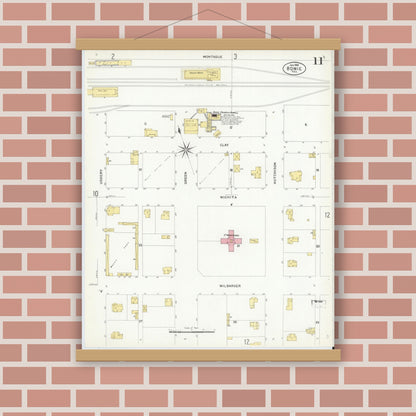 Old map wall art mockup — magnetic wood frame on brick wall — Sanborn Fire Insurance Map from Bowie, Montague County, Texas (1908), Sheet #0011