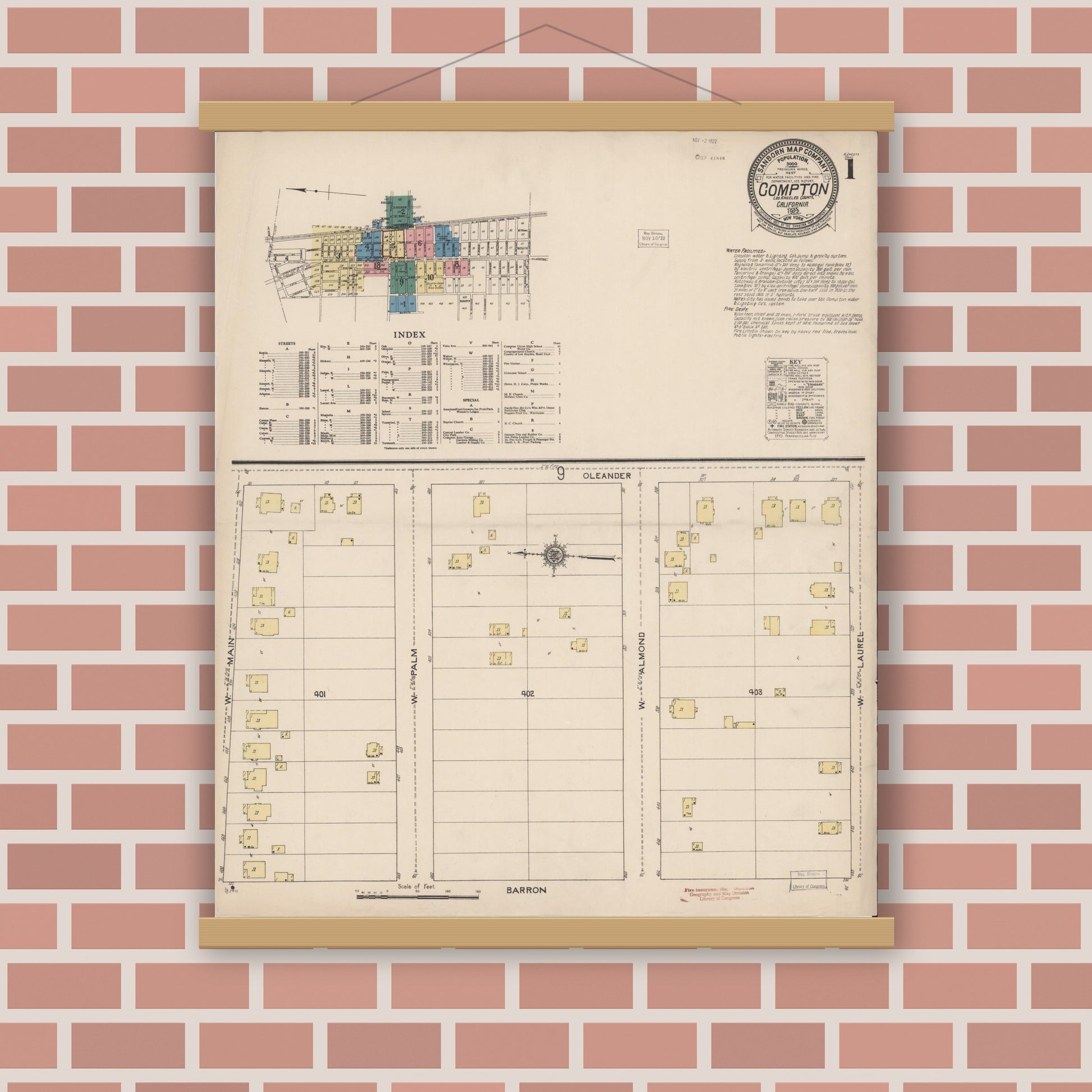Old map wall art mockup — magnetic wood frame on brick wall — Sanborn Fire Insurance Map from Compton, Los Angeles County, California (1922) - Complete Map Set