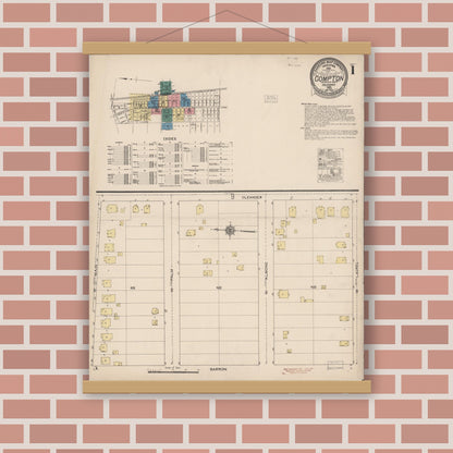 Old map wall art mockup — magnetic wood frame on brick wall — Sanborn Fire Insurance Map from Compton, Los Angeles County, California (1922) - Complete Map Set