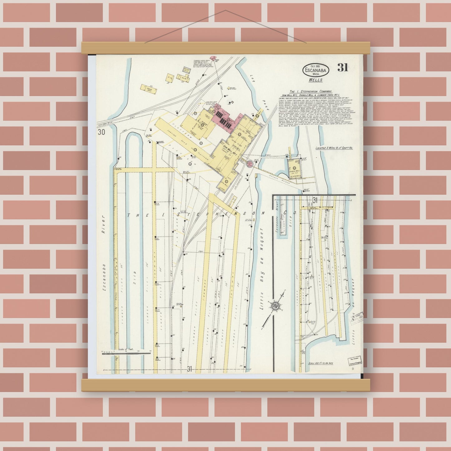 Old map wall art mockup — magnetic wood frame on brick wall — Sanborn Fire Insurance Map from Escanaba, Delta County, Michigan (1913), Sheet #0031