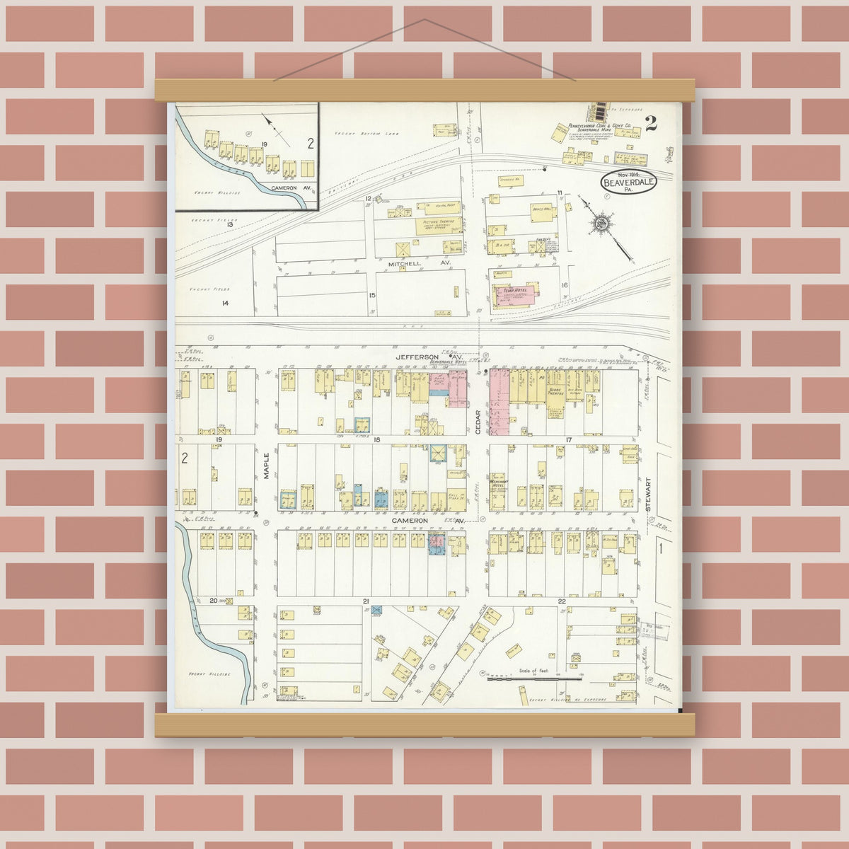 Old map wall art mockup — magnetic wood frame on brick wall — Sanborn Fire Insurance Map from Beaverdale, Cambria County, Pennsylvania (1914), Sheet #0002