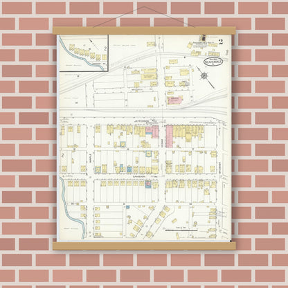 Old map wall art mockup — magnetic wood frame on brick wall — Sanborn Fire Insurance Map from Beaverdale, Cambria County, Pennsylvania (1914), Sheet #0002