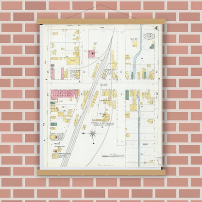 Old map wall art mockup — magnetic wood frame on brick wall — Sanborn Fire Insurance Map from Clare, Clare County, Michigan (1906), Sheet #0004