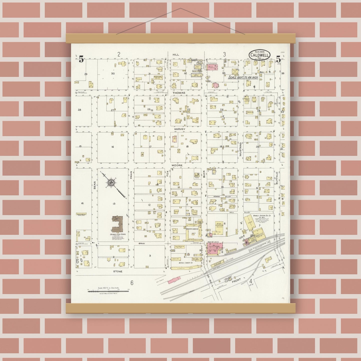 Old map wall art mockup — magnetic wood frame on brick wall — Sanborn Fire Insurance Map from Caldwell, Burleson County, Texas (1925), Sheet #0005