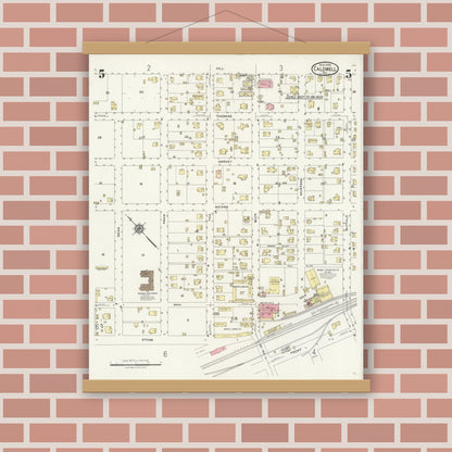 Old map wall art mockup — magnetic wood frame on brick wall — Sanborn Fire Insurance Map from Caldwell, Burleson County, Texas (1925), Sheet #0005