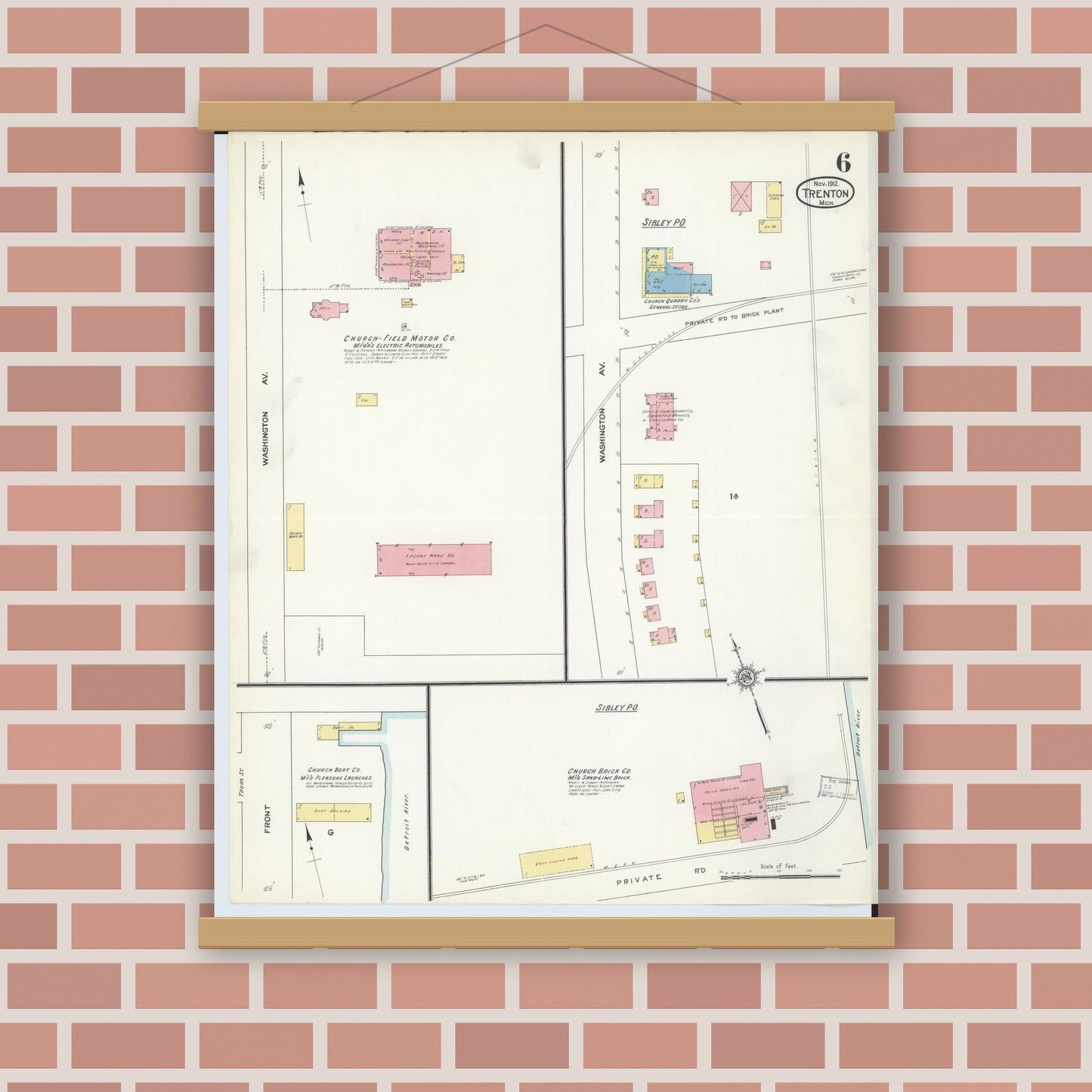 Old map wall art mockup — magnetic wood frame on brick wall — Sanborn Fire Insurance Map from Trenton, Wayne County, Michigan (1912), Sheet #0006