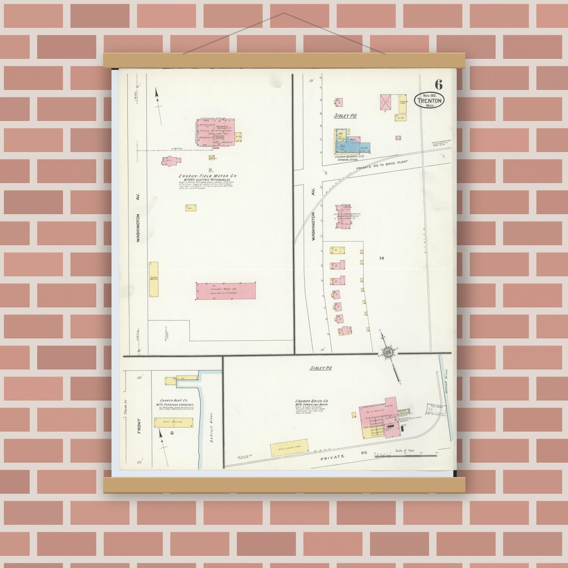 Old map wall art mockup — magnetic wood frame on brick wall — Sanborn Fire Insurance Map from Trenton, Wayne County, Michigan (1912), Sheet #0006