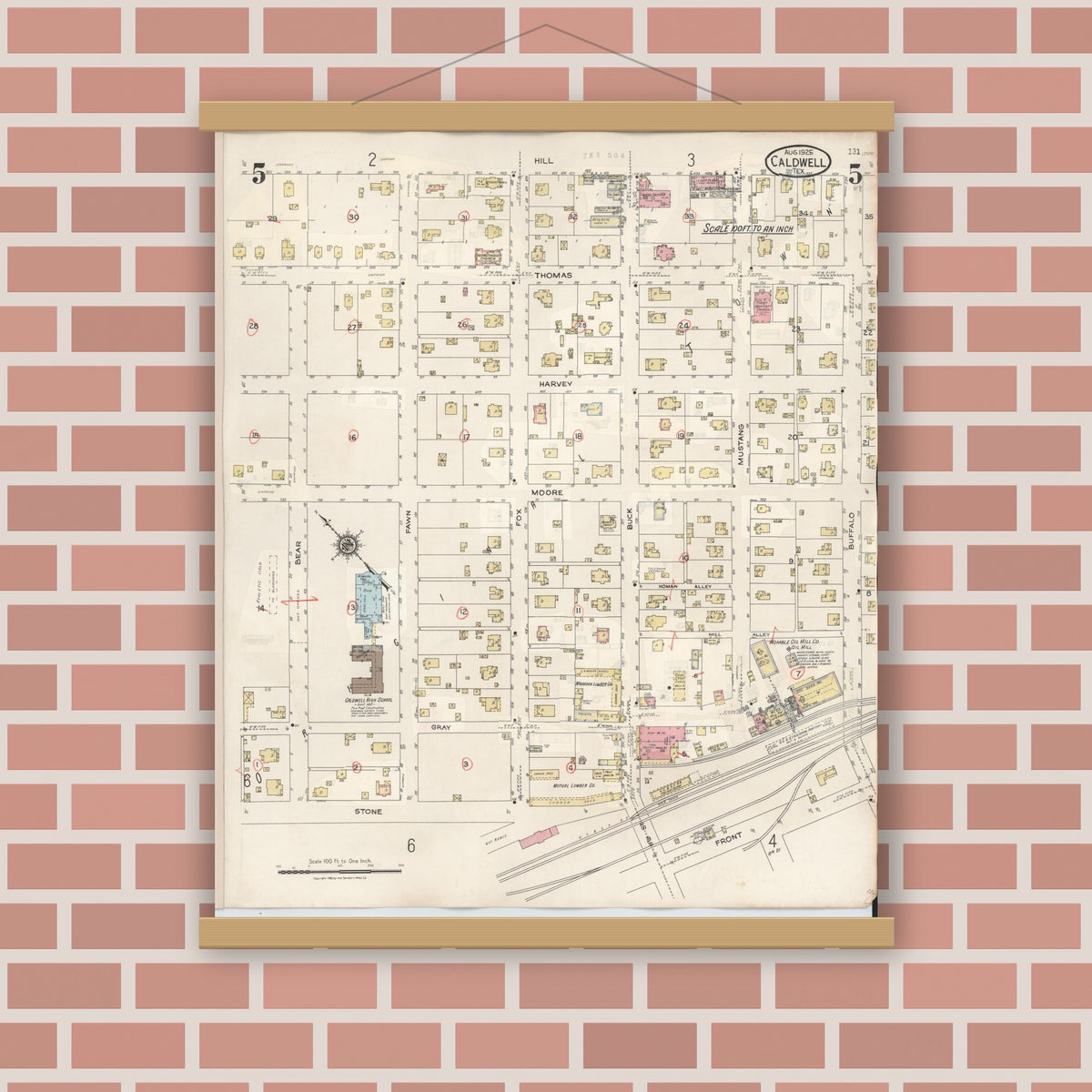 Old map wall art mockup — magnetic wood frame on brick wall — Sanborn Fire Insurance Map from Caldwell, Burleson County, Texas (1943), Sheet #0005