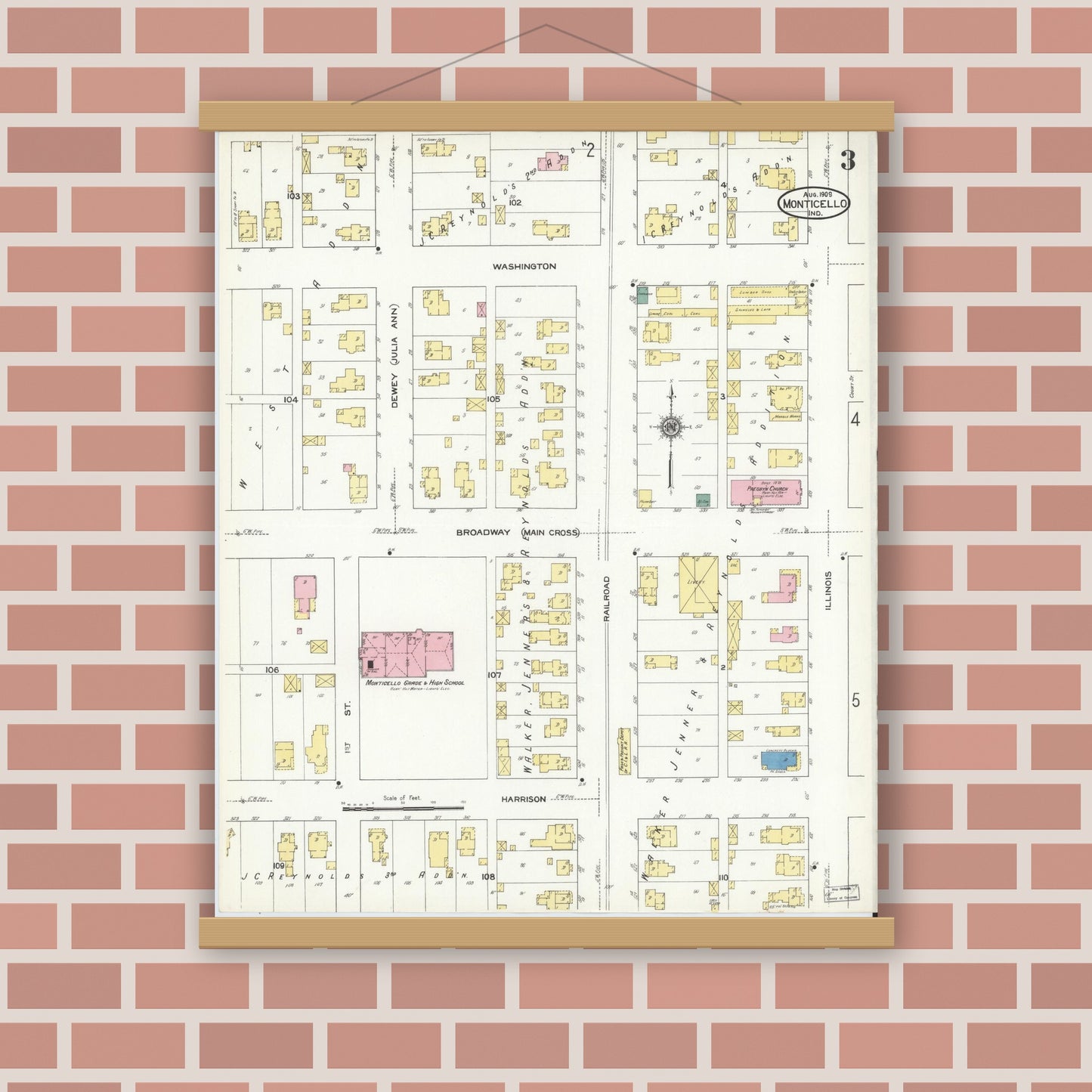 Old map wall art mockup — magnetic wood frame on brick wall — Sanborn Fire Insurance Map from Monticello, White County, Indiana (1909), Sheet #0003