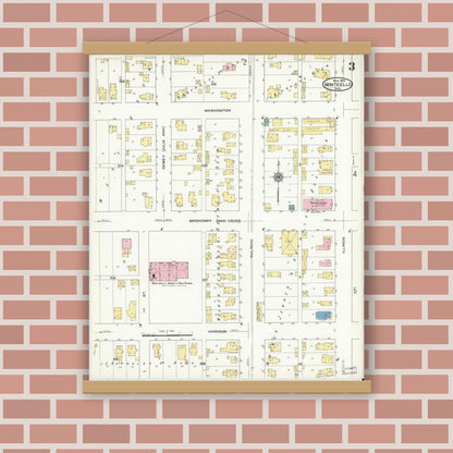 Old map wall art mockup — magnetic wood frame on brick wall — Sanborn Fire Insurance Map from Monticello, White County, Indiana (1909), Sheet #0003