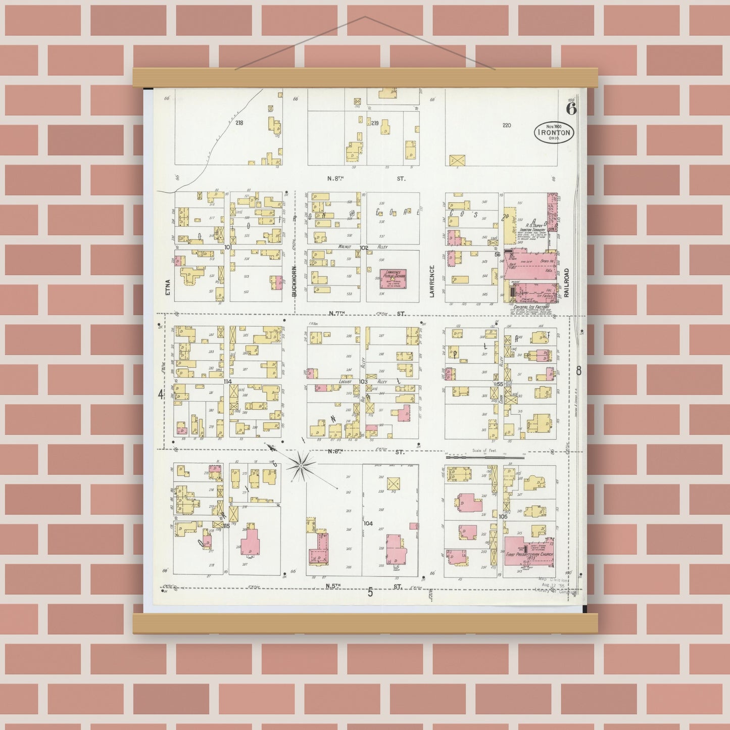 Old map wall art mockup — magnetic wood frame on brick wall — Sanborn Fire Insurance Map from Ironton, Lawrence County, Ohio (1900), Sheet #0006