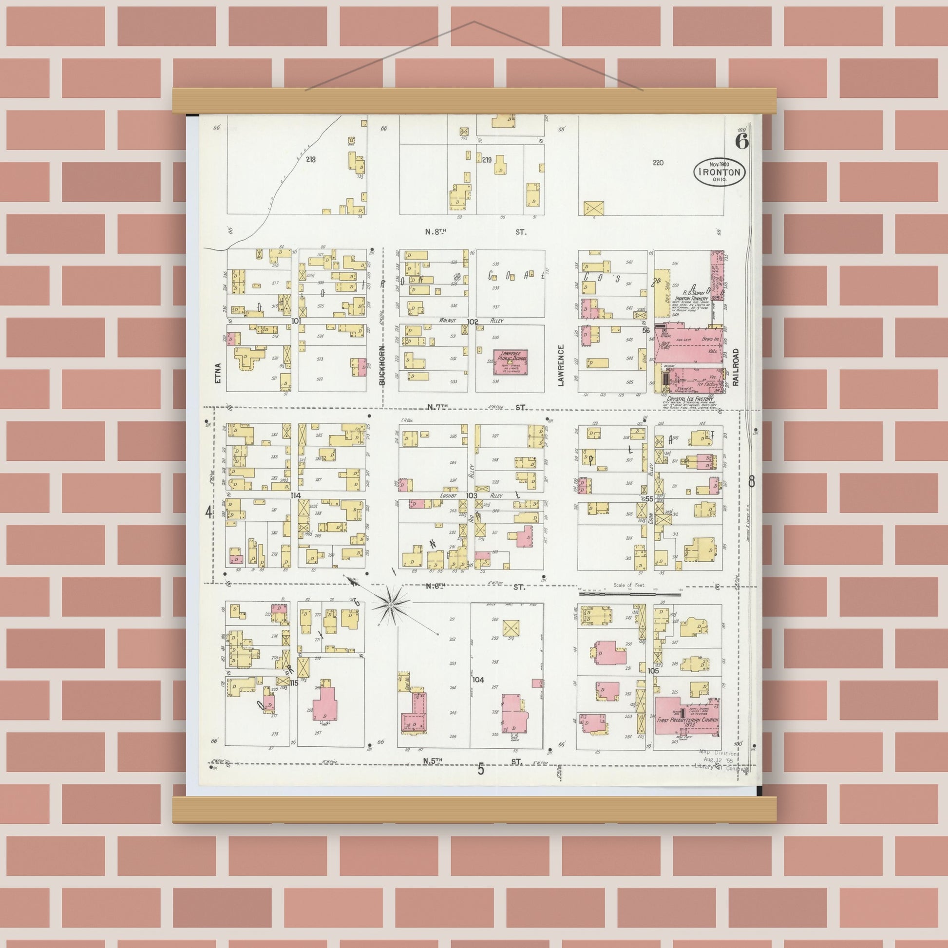 Old map wall art mockup — magnetic wood frame on brick wall — Sanborn Fire Insurance Map from Ironton, Lawrence County, Ohio (1900), Sheet #0006