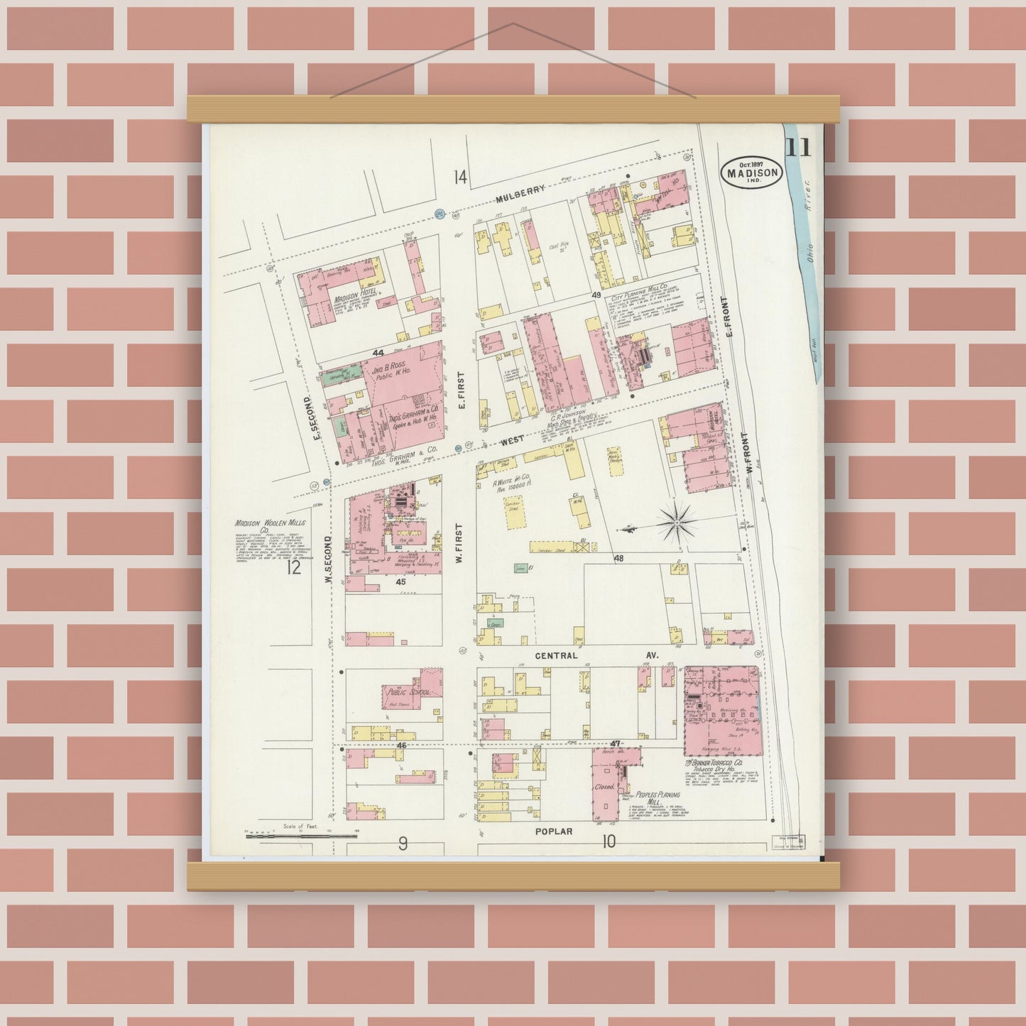 Old map wall art mockup — magnetic wood frame on brick wall — Sanborn Fire Insurance Map from Madison, Jefferson County, Indiana (1897), Sheet #0011