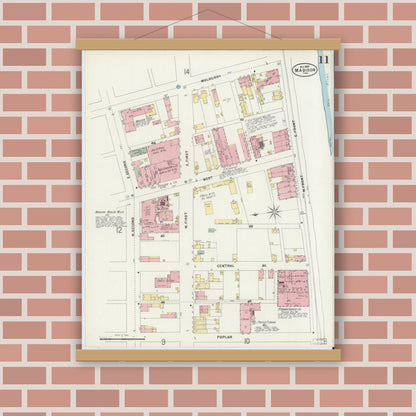 Old map wall art mockup — magnetic wood frame on brick wall — Sanborn Fire Insurance Map from Madison, Jefferson County, Indiana (1897), Sheet #0011