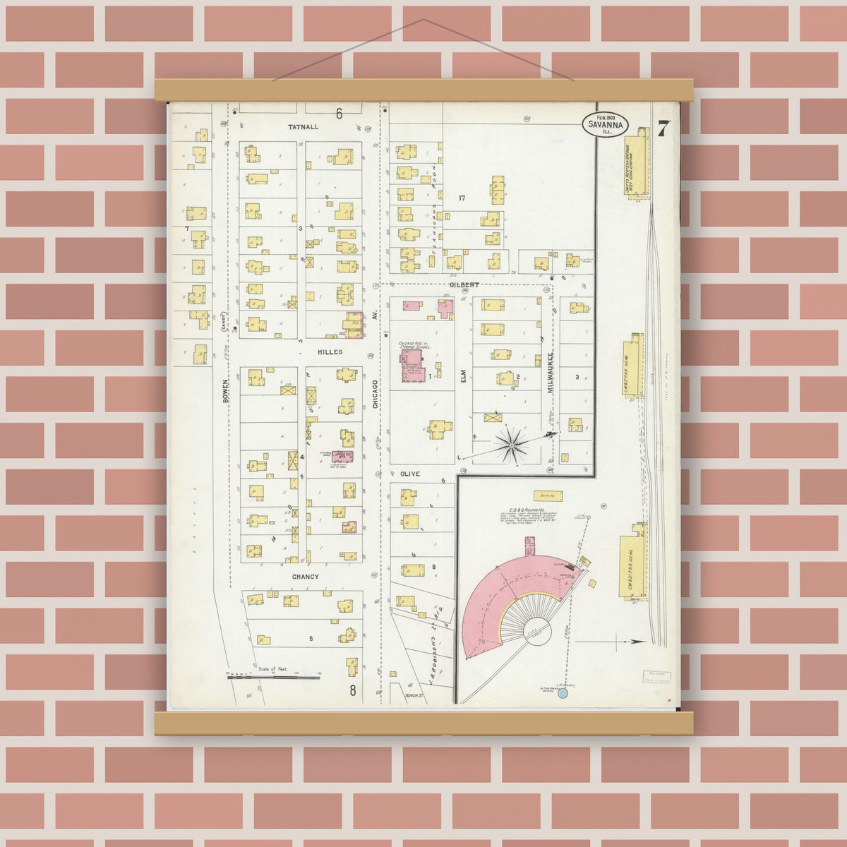 Old map wall art mockup — magnetic wood frame on brick wall — Sanborn Fire Insurance Map from Savanna, Carroll County, Illinois (1903), Sheet #0007