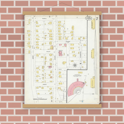 Old map wall art mockup — magnetic wood frame on brick wall — Sanborn Fire Insurance Map from Savanna, Carroll County, Illinois (1903), Sheet #0007