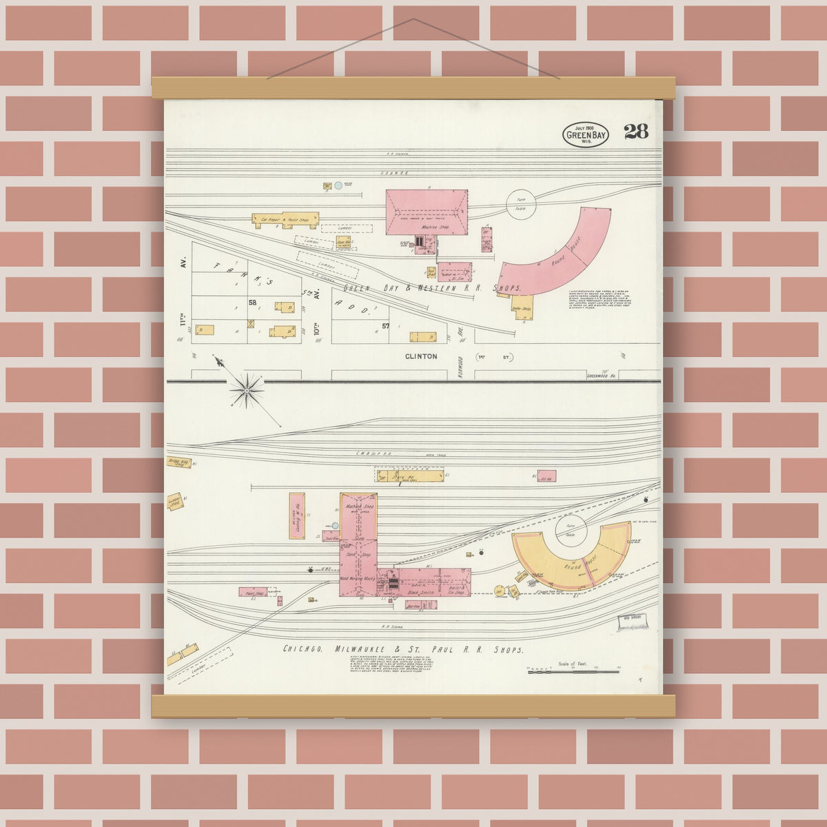 Old map wall art mockup — magnetic wood frame on brick wall — Sanborn Fire Insurance Map from Green Bay, Brown County, Wisconsin (1900), Sheet #0028