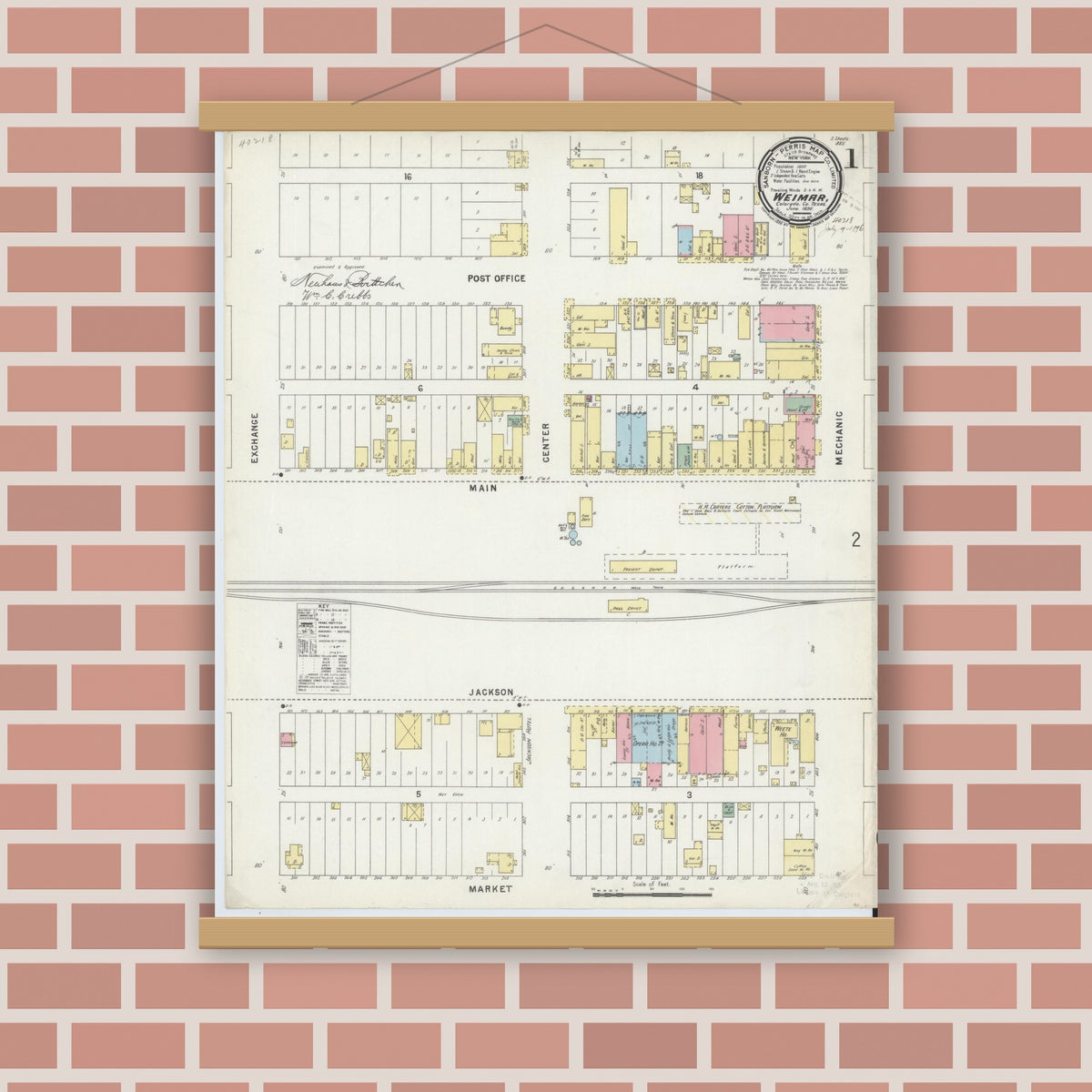 Old map wall art mockup — magnetic wood frame on brick wall — Sanborn Fire Insurance Map from Weimar, Colorado County, Texas (1896) - Complete Map Set