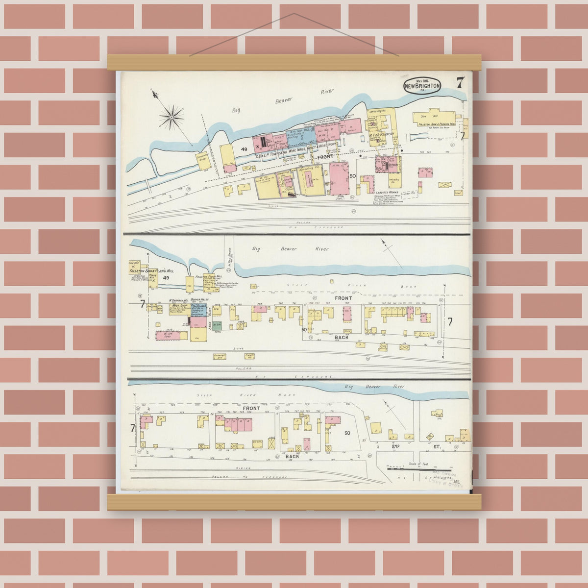 Old map wall art mockup — magnetic wood frame on brick wall — Sanborn Fire Insurance Map from New Brighton, Beaver County, Pennsylvania (1896), Sheet #0007