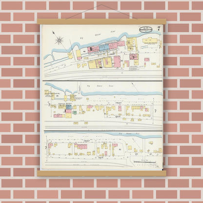 Old map wall art mockup — magnetic wood frame on brick wall — Sanborn Fire Insurance Map from New Brighton, Beaver County, Pennsylvania (1896), Sheet #0007