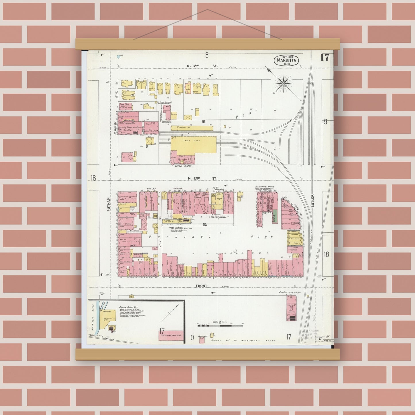 Old map wall art mockup — magnetic wood frame on brick wall — Sanborn Fire Insurance Map from Marietta, Washington County, Ohio (1900), Sheet #0017