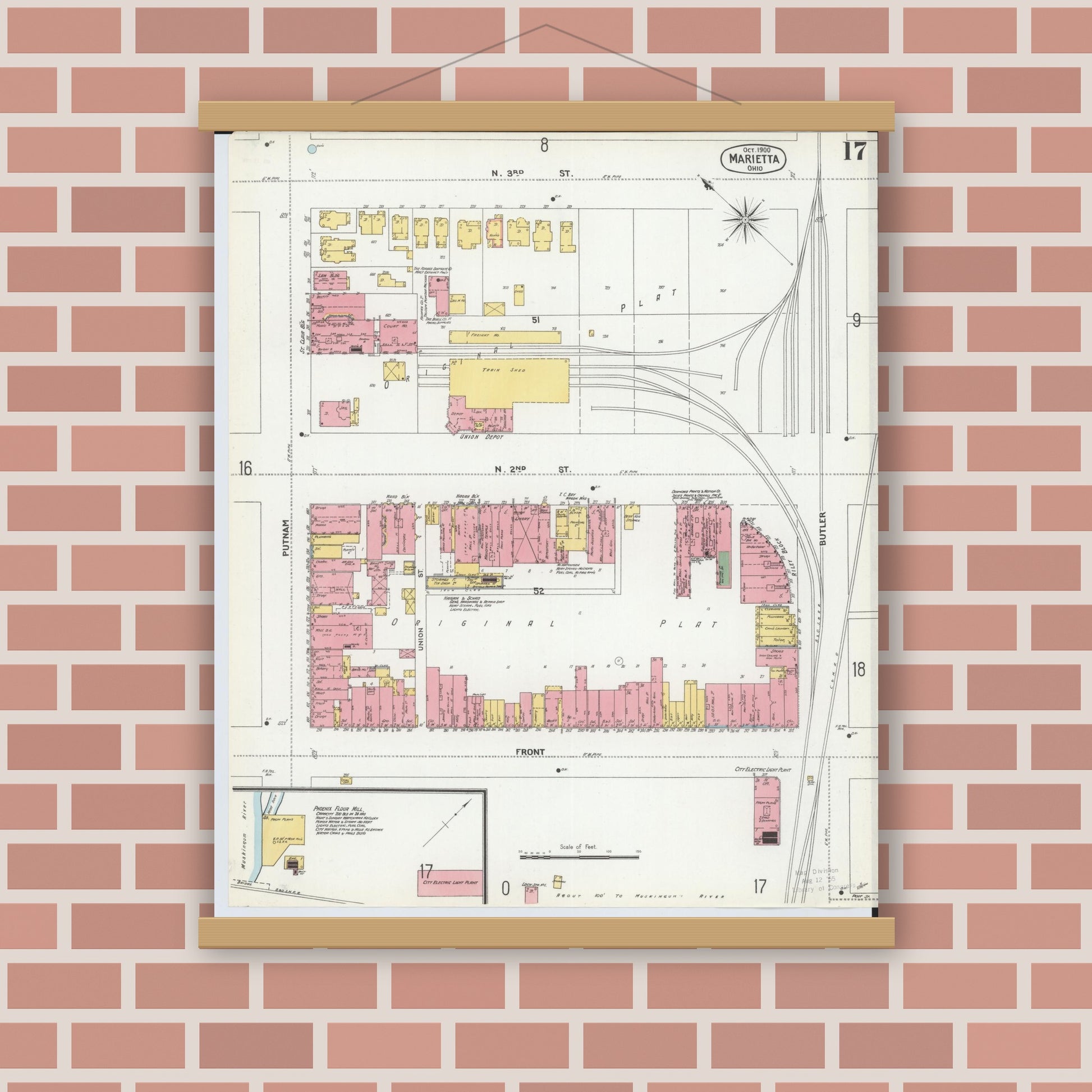 Old map wall art mockup — magnetic wood frame on brick wall — Sanborn Fire Insurance Map from Marietta, Washington County, Ohio (1900), Sheet #0017