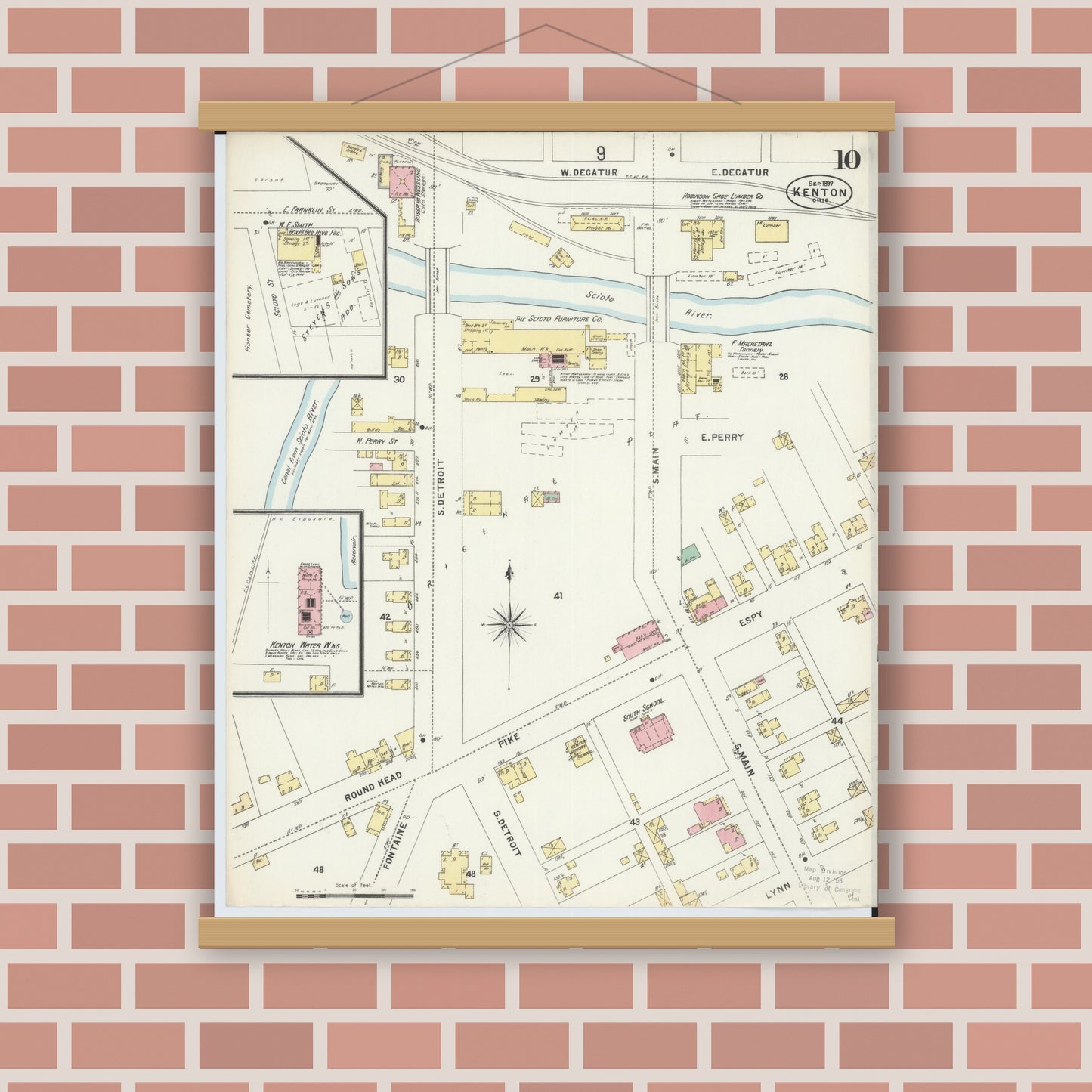 Old map wall art mockup — magnetic wood frame on brick wall — Sanborn Fire Insurance Map from Kenton, Hardin County, Ohio (1897), Sheet #0010