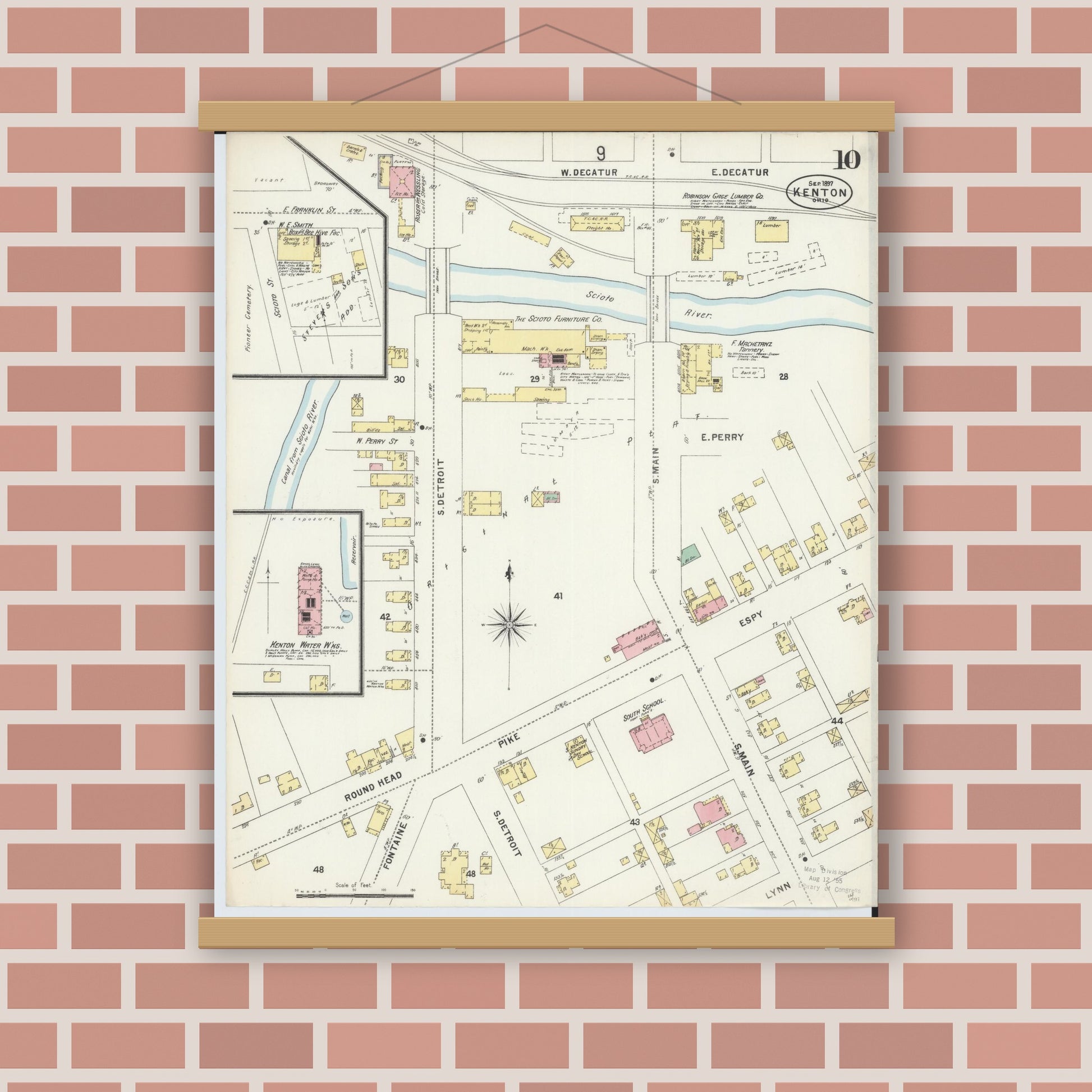 Old map wall art mockup — magnetic wood frame on brick wall — Sanborn Fire Insurance Map from Kenton, Hardin County, Ohio (1897), Sheet #0010