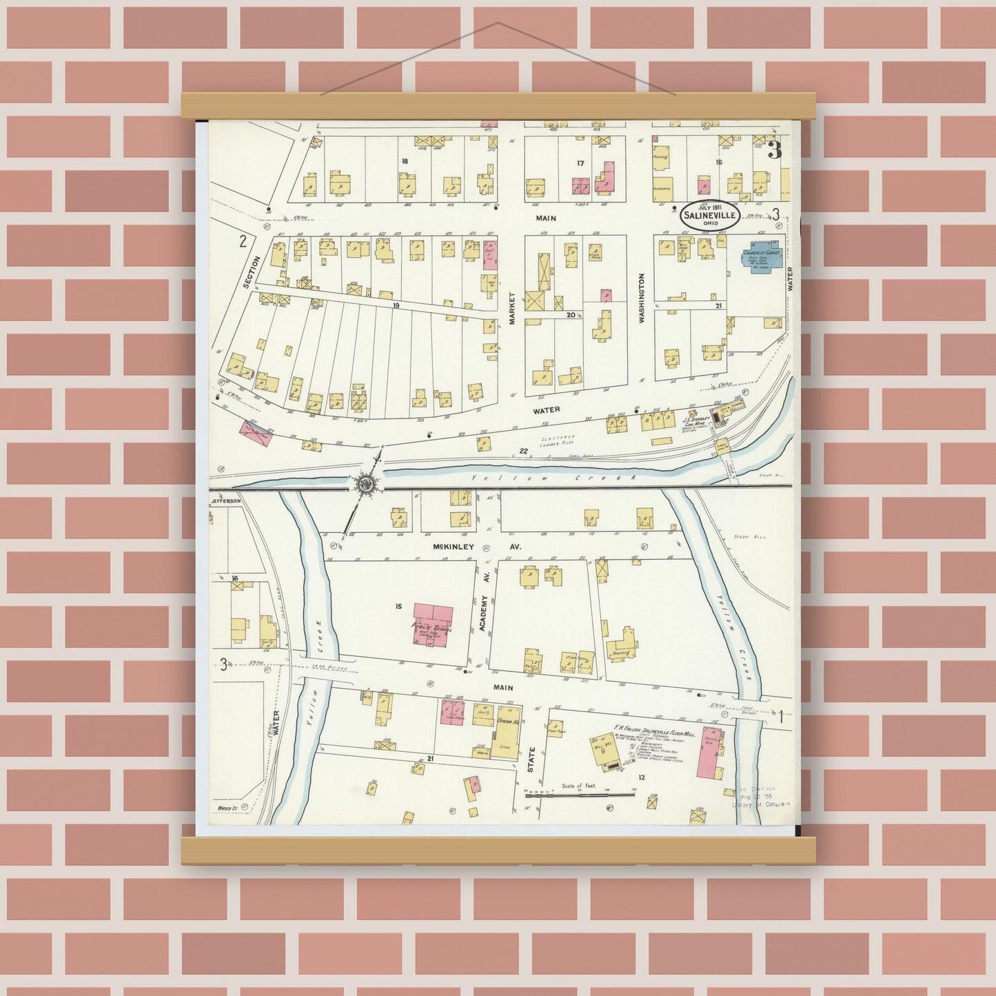 Old map wall art mockup — magnetic wood frame on brick wall — Sanborn Fire Insurance Map from Salineville, Columbiana County, Ohio (1911), Sheet #0003