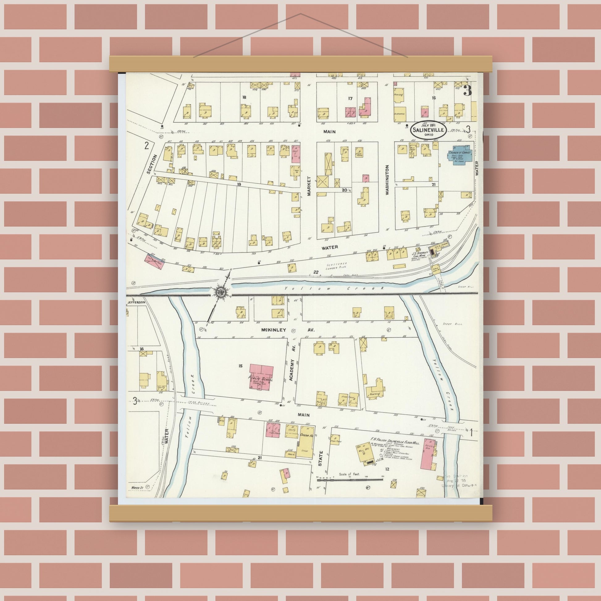 Old map wall art mockup — magnetic wood frame on brick wall — Sanborn Fire Insurance Map from Salineville, Columbiana County, Ohio (1911), Sheet #0003