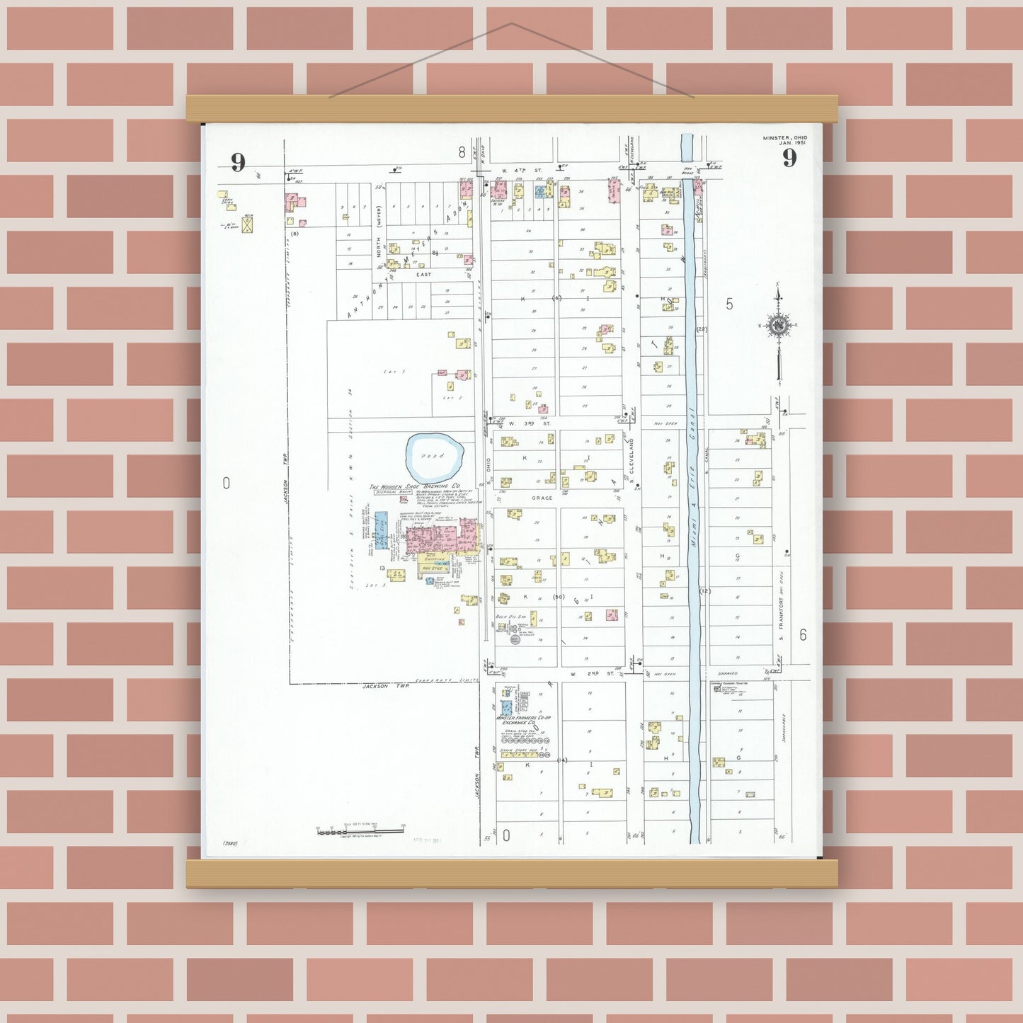 Old map wall art mockup — magnetic wood frame on brick wall — Sanborn Fire Insurance Map from Minster, Auglaize County, Ohio (1951), Sheet #0009